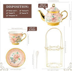 20 Pieces Porcelain Tea Set With Metal Holder, European Ceramic tea set for adults,Flower Tea Set,Tea Set For Women With Flower Painting (Large version, Pink) - Image 2