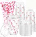 LemonRoad 50 Sets Line Bows Clear Plastic Cups with Lids & Straws 16 oz Pink Party Tumblers for Iced Coffee, Smoothies, Juice & More Cute Disposable Pet Mugs for Birthdays & Gatherings by Unknown