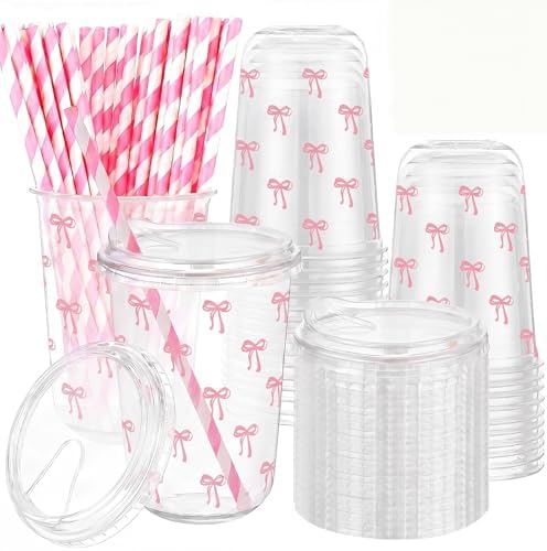 LemonRoad 50 Sets Line Bows Clear Plastic Cups with Lids & Straws 16 oz Pink Party Tumblers for Iced Coffee, Smoothies, Juice & More Cute Disposable Pet Mugs for Birthdays & Gatherings by Unknown