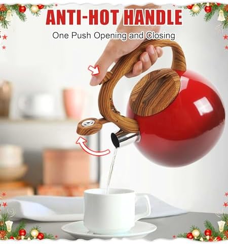 3.2Qt Stainless Steel Whistling Tea Kettle Stovetop, Red - Image 5