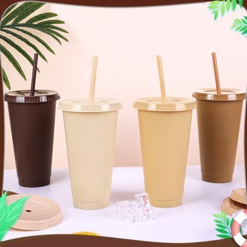 24 Pack Plastic Tumblers with Lids and Straws, Reusable Cups with Lids Plastic Colorful Cups for Parties Birthdays, Iced Coffee Cup Cold Drink Cups Bulk Tumblers (24 oz, Gradient Khaki Colors) - Image 3