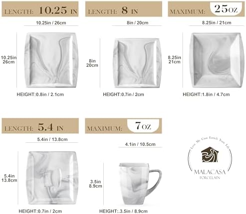 MALACASA Dinnerware Sets, 30 Piece Porcelain Plates and Bowls Sets for 6, Square Dish Set with Dinner Plates Set, Cup and Saucer, Modern Dishware Dishes Microwave Safe, Marble Grey, Series Blance - Image 2