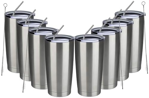 MEWAY 20oz Tumbler 8 Pack Double Wall Vacuum Insulated Travel Mug Bulk, Stainless Steel Tumblers with Lid and Straw, Durable Powder Coated Coffee Cups for Cold & Hot Drinks (Silver, 8) by MEWAY