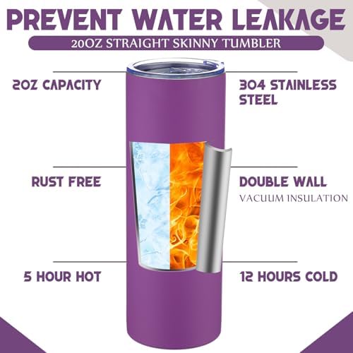 8 Pcs 20oz Insulated Stainless Steel Tumbler with Lid and Straw, Purple - Image 4