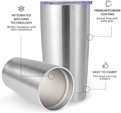 Volhoply 20oz Stainless Steel Tumbler with Lid and Straw Bulk 12 Pack,Double Wall Insulated Travel Iced Coffee Mug Fits Cup Holder,Powder Coated Cups for Hot/Cold Drinks,Christmas Gifts（Silver,12 Set） - Image 4