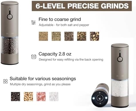 Stainless Steel Rechargeable Electric Salt and Pepper Grinder Set, USB Charging with Dust Cover, 6 Adjustable Grinding Modes + LED Light 2pack，Brown - Image 5
