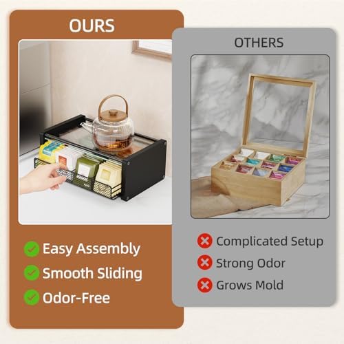Tea Bag Organizer, Tea Organizer and Storage with Drawers, Tea Bag Holder with Divided Compartments, Wooden Kitchen Organizers and Storage for Kitchen, Countertop, Office, Tea Station - Image 6