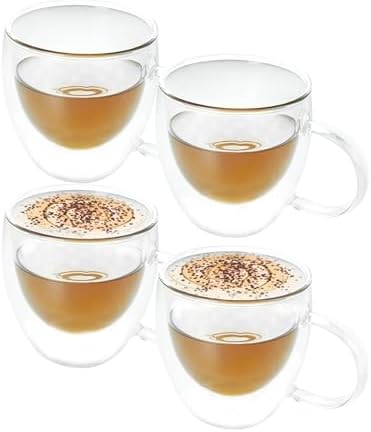 Double Wall Glass Coffee Mug with Handle, Insulated and Scald Resistant Glass for Cappuccino, Latte, Milk, Juice and Tea Bags, 1 Pack of 4 (4) by ACBSUSU