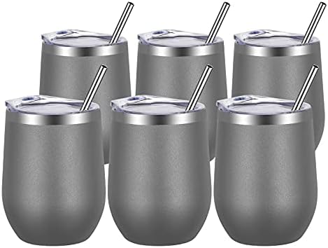 VEGOND Wine Tumblers Bulk 6 Pack, 12oz Stainless Steel Stemless Wine Glass with Lids and Straws, Double Wall Vacuum Insulated Tumbler Cup, Coffee Mug for Cold Hot Drinks by VEGOND