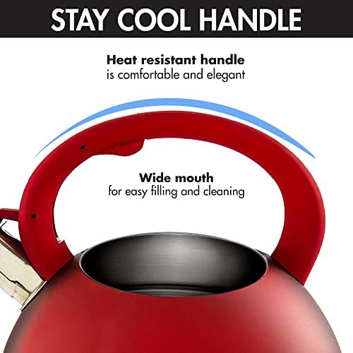 Primula Avalon Whistling Kettle - Whistling Spout, Locking Spout Cover, and Stay-Cool Handle - Stainless Steel - 2.5 Quarts - Matte Red (PAVRE-6225) - Image 3