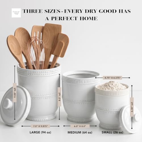 American Atelier Round Ceramic Canister Set Lids Bianca Bead, White 3 PC - Image 3
