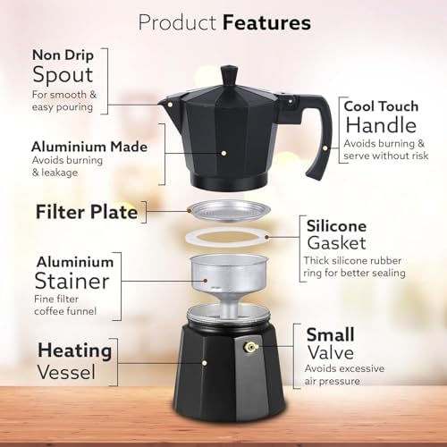 Classic Moka Pot, Stovetop, Espresso Coffee Maker, 240 Ml, Premium Aluminium Built, Italian Style Mocha, Cuban Café Brewing, Black - Image 4