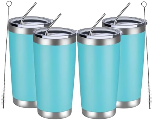 MEWAY 20oz Tumbler 4 Pack Double Wall Vacuum Insulated Travel Mug Bulk, Stainless Steel Tumblers with Lid and Straw, Durable Powder Coated Coffee Cups for Cold & Hot Drinks (Light Blue, 4) by MEWAY