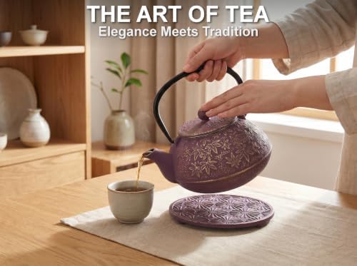 40 Oz Purple Maple Leaf Cast Iron Teapot, Enamel Interior, Infuser & Trivet - Image 2
