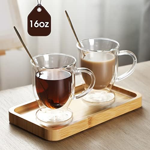Gejoy 6 Sets Double Wall Glass Coffee Mugs with Spoon Insulated Clear Coffee Mug with Handle Borosilicate Glass Coffee Cups Latte Cup for Cappuccino, Tea, Latte, Espresso, Hot Beverage(16 OZ) - Image 2