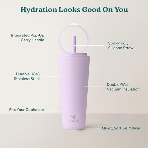 REDUCE Halo 32 oz Stainless Steel Vacuum Insulated Tumbler - Spill Proof Travel Mug with Flip Handle Lid - Keeps Drinks Cold for 32 Hrs - Dishwasher Safe - Cupholder Friendly - Lilac Bud - Image 4