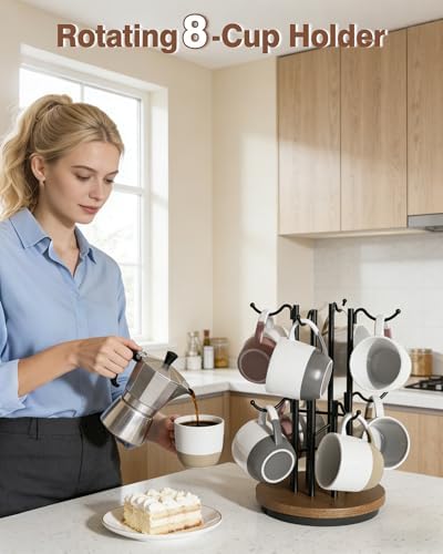 8-Hook 360° Rotating Large Coffee Mug Tree for Counter, Wood Base, Brown - Image 2