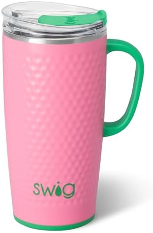 Swig Life 22oz Travel Mug, Insulated Tumbler with Handle and Lid, Travel Coffee Mug, Cup Holder Friendly, Stainless Steel 22 oz Tumbler, Reusable Insulated with Lid (Azalea Golf Ball) by SwigLife
