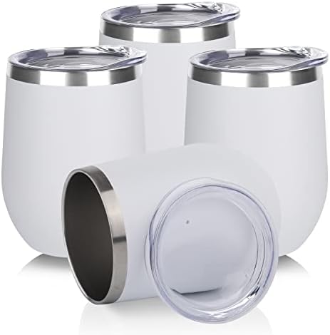 DOMICARE Stainless Steel Wine Tumbler Bulk with Lid, Personalized White Insulated Tumblers Set, 12oz Travel Coffee Cups Pack of 4 by VisittheDOMICARE