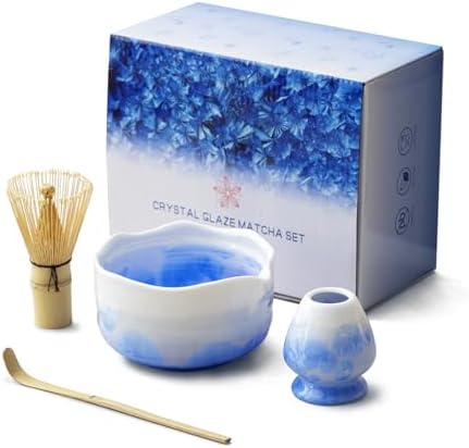Natural Crystal Flower Matcha Set - 4 Pcs Food Grade Matcha Kit with Spouted Bowl, Matcha Whisk, Scoop and Chasen Holder - Matcha Tea Ceremony Gift for Matcha Lovers (Mist Azure) by Unknown