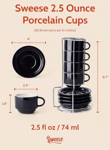 Sweese 2.5 Ounce Porcelain Stackable Espresso Cups with Saucers and Metal Stand Set of 4, Black - Image 2