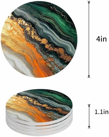 Coasters for Drinks Set of 6 with Holder Green Ombre Yellow Marble Texture Wave Natural Gradient Ceramic Cup Mat, Absorbent Ceramic Stone Coasters with Cork Base for Coffee Cups Home Decor 4 Inch - Image 5