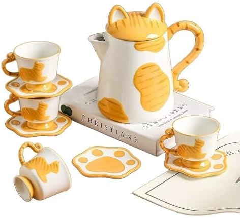 Porcelain Tea Set(1 Pot 4 Cups), Afternoon Tea Set, Suitable for Birthdays, Mother's Day, Christmas (Yellow Cat) by ScizoritoDirect