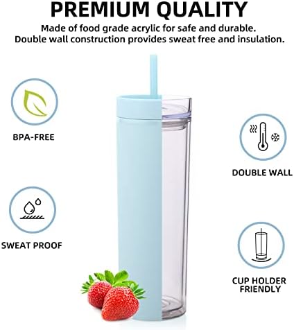 Volhoply 20oz Tumbler with Lid and Straw 8 Pack,Double Wall Plastic Skinny Tumblers Bulk,Reusable Travel Cute Coffee Mug,BPA Free Matte Acrylic Water Cups with Straw for Party,DIY Gifts(Blue, 8 Set) - Image 2