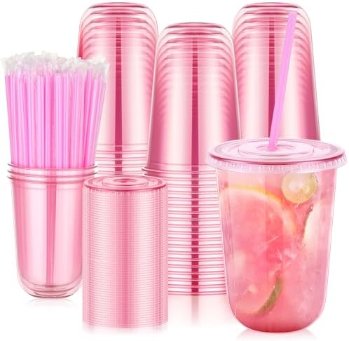tchrules 100 Set 16oz Pink Plastic Disposable Cups with Lids and Straws by TCHRULESHOME