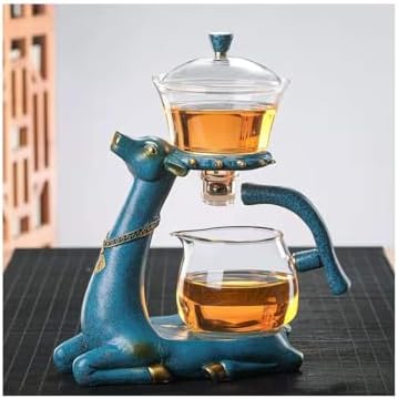 YUDIZWS Lazy Kungfu Drip Teapot,Heat Resistant Tea Set,Sturdy High Borosilicate Glass Teapot,Magnetic Water Diversion Semi-Automatic Teapot Set Magic Tea Set, Blue Deer Tea Set by YUDIZWS