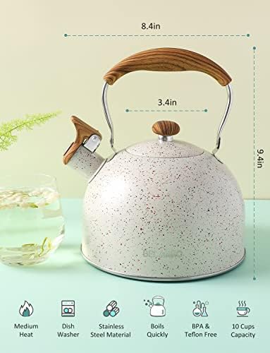 Tea Kettle, BELANKO 85 OZ / 2.5 Liter Whistling Tea Kettle, Tea Pots for Stove Top Food Grade Stainless Steel with Wood Pattern Folding Handle, Loud Whistle Kettle for Tea, Coffee, Milk - Cream White - Image 5