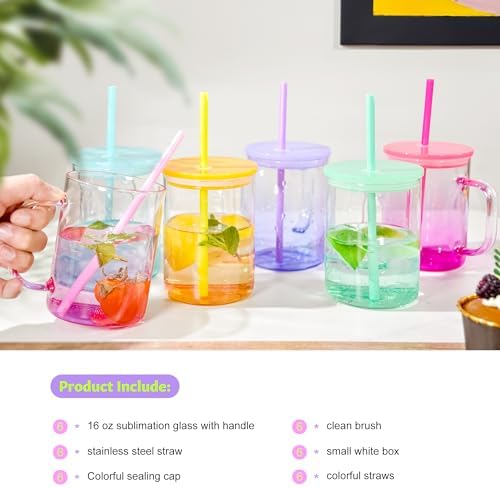 AGH 6 Pack Gradient Colorful Glass Sublimation Cups with Lid and Straw, 16oz Glass Tumblers with Handle - Image 2