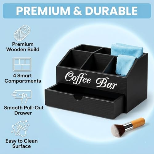 Wooden Coffee Station Organizer with Drawer, 5 Compartment Snack Organizer for Countertop, Coffee Bar Organizer for K-Cups, Tea Bags, Condiments & Office Pantry Storage - Image 2
