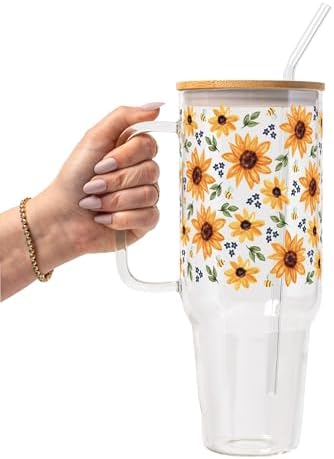 Sip-Sip Hooray! Sunflower and Bee 40oz Glass Tumbler with Lid and Straw by Sip-SipHooray