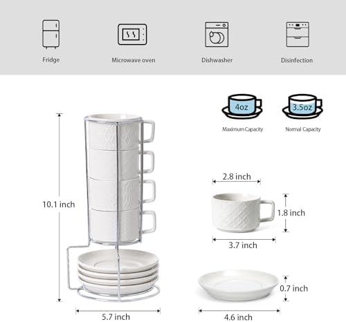 4oz Ceramic Espresso Cups Set of 4, with Stand and Saucers, White - Image 3