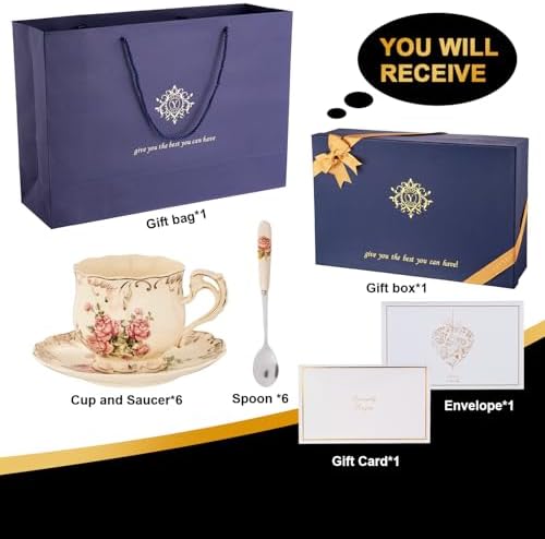 YOLIFE Tea Cups and Saucers Set of 6, 8 OZ Flowering Shrubs(with Gift Box) - Image 4