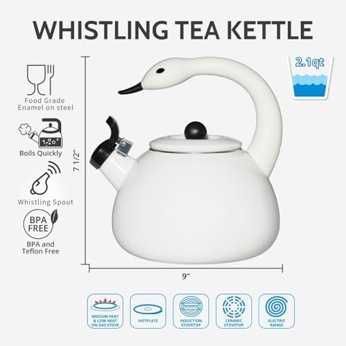 Whistling Tea Kettle for Stove Top Enamel on Steel Teakettle, Supreme Housewares White Swan Design Teapot Water Kettle Cute Kitchen Accessories Teteras (2.1 Quart, Swan) - Image 2