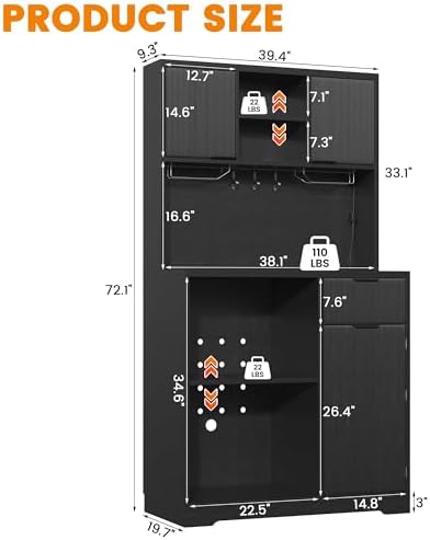 kepptory 72" Mini Fridge Cabinet with Storage, Coffee Bar Cabinet with Mini Fridge, Tall Coffee Bar Station with RGB LED Light, Wine Glass Holder, for Home Kitchen Living Room, Black - Image 2
