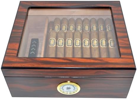 Cigar Humidors Storage 25-50 Cuba Cigars Case, Tempered Glass Top Display, Handcraft Spanish Cedar Wood Desktop Cigar Box with Divider, Humidifier and Hygrometer, Gift for Man, Macassar Brown - Image 3