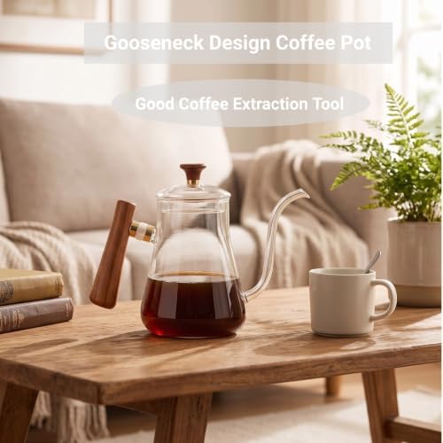 Pour Over Kettle, Gooseneck Coffee Kettle, 600ml High Borosilicate Glass Teapot with Round Wood Handle, Stable Effluent for Full Flavor Extraction - Image 4