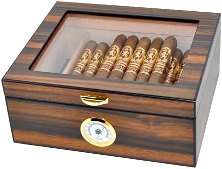 Cigar Humidor - Holds 25-50 Cigars - Spanish Cedar Wood - Tempered Glass Top Display - Metal Handle, Divider, Humidifier, Hygrometer - Santos Rosewood by DUCIHBA