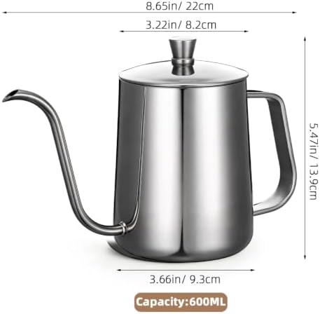 UKCOCO 600ml Gooseneck Coffee Kettle, Stainless Steel Drip Pot with Lid - Image 2