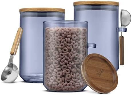 JoyJolt Holden 32oz Stackable Glass Storage Containers with Lids and Scoops, Airtight Food Canister Set of 3 w/Acacia Wood Lids, Round Stacking Pantry and Kitchen Containers w/Scoop | Smoke Blue by JoyJolt