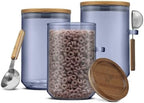 JoyJolt Holden 32oz Stackable Glass Storage Containers with Lids and Scoops, Airtight Food Canister Set of 3 w/Acacia Wood Lids, Round Stacking Pantry and Kitchen Containers w/Scoop | Smoke Blue by JoyJolt