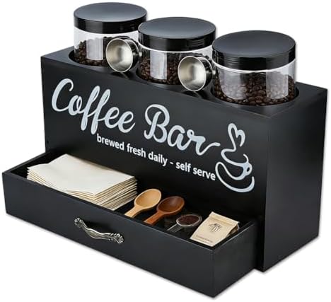 DICOSMETIC 1Set Wood Coffee Bar Container Black Coffee Bean Canister Storage Station with Shelf Coffees Storage Box with Drawer for Spoon Jar Nuts Sugar Kitchen Home by DICOSMETIC