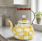 Checkered Tea Kettle for Checkered Kitchen Decor - Yellow and White Tea Kettle for Stovetop - Stylish Enamel Teapot with Wooden Handle - Vintage Classic Teapot with Elegant Lid & Knob- 2.5 Quart - Image 6