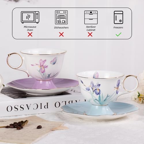KAMMAK Ceramic Coffee Cups Saucers Set of 2, Porcelain Espresso Cups with Saucers, 8.45 oz Handcrafted Elegant Bone China Tea Cups, Iris Flower & Butterfly Pattern Teacup for Party, Office, Gift - Image 4