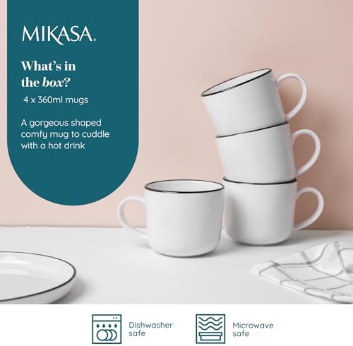 Mikasa Limestone Porcelain Mug Set, 4X Porcelain Mugs with Black Rim for Tea and Coffee, 360ml| Gift Boxed & Dishwasher Safe - Image 5
