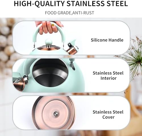 2.6 Quart Mint Green Whistling Tea Kettle, tea pot, Stainless Steel, Cool-Touch Handle, Loud Whistle, 7.48-inch Base, Induction Compatible - Image 4