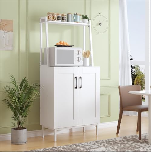 kepptory 51" Kitchen Baker's Rack with Storage, Microwave & Toaster Oven Stand, Freestanding Coffee Bar Station with Wine Glass Holder & Side Storage Shelves, White - Image 6
